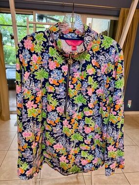 Lilly Pulitzer/Disney Collab Floral Navy Half-Zip Pullover with Pink Trim